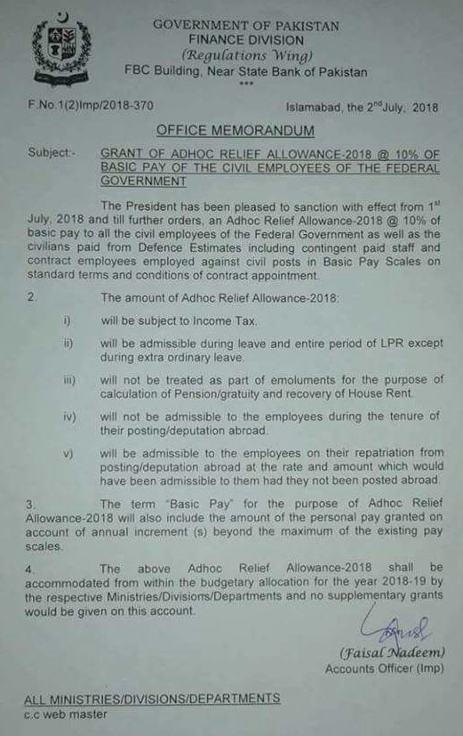 Grant of Adhoc Relief Allowance 2018