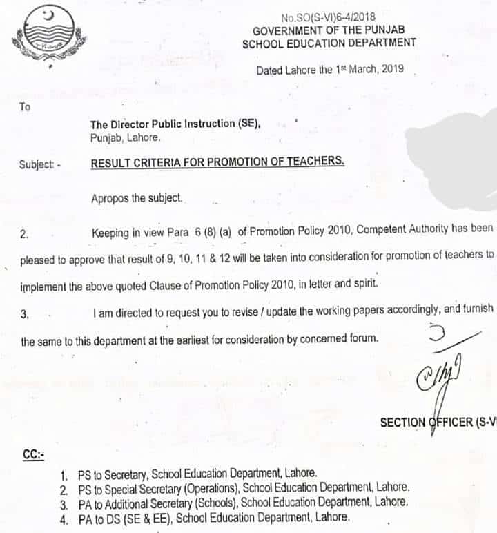 Result of 9th, 10th, 11th and 12th classes will be Taken into Consideration for the Purpose of Promotion of Teachers. Result Criteria for Promotion of Teachers Notification issued apropos the subject given below. Keeping in v ow Para 6 (8) (a) of Promotion Policy 2010, Competent Authority has been pleased to approve that result of 9, 10, 11 & 12 will be taken into consideration for promotion of teachers to implement the above quoted Clause of Promotion Policy 2010. in letter and spirit. I am directed to request you to revise / update the working papers accordingly, and furnish the same to this department al the earliest for consideration by concerned forum. Notification are given below: Result Criteria for Promotion of Teachers Notification issued Like this story? Subscribe to Todayaffair Make It on YouTube! Don't Miss: Teacher Transfer Order List 2019 Rajanpur Punjab
