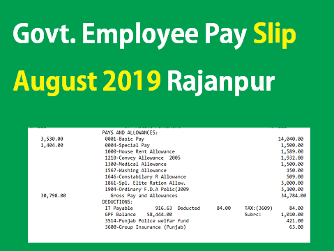 Govt. Employee Pay Slip August 2019 Rajanpur